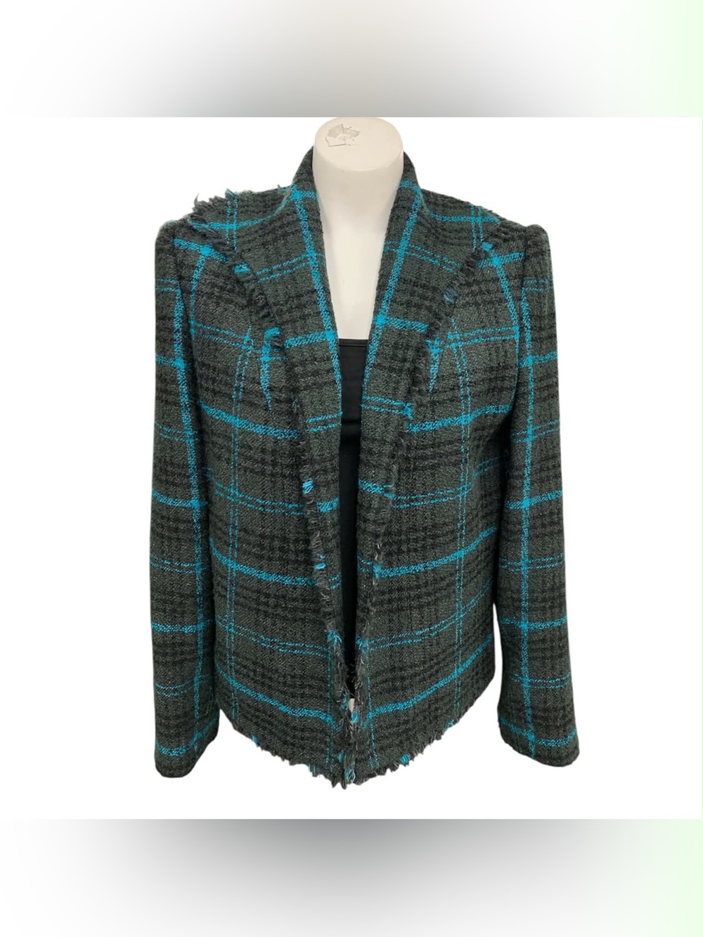 TanJay Teal & Charcoal Plaid Fringed Open-Front Blazer Size M